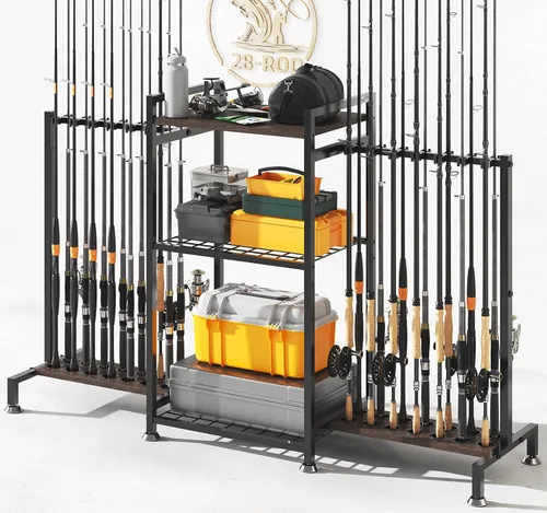 Miniatura 8 de SOYEEZE Soportes para cañas de pescar de gran tamaño para garaje, estante para cañas de pescar de servicio pesado de 3 niveles con tablero perforado