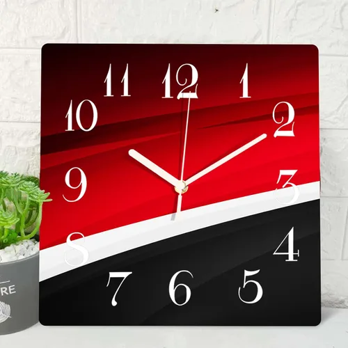 ArtSocket Reloj de pared de madera silencioso sin tictac, rojo, negro y blanco, línea abstracta moderna, onda cuadrada, relojes de pared decorativos