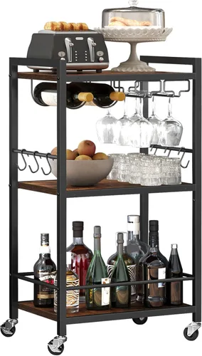 TUTOTAK Carrito de bar, carrito de servicio para bar doméstico, carrito para microondas, carrito de bebidas, estante de cocina móvil con botellero y