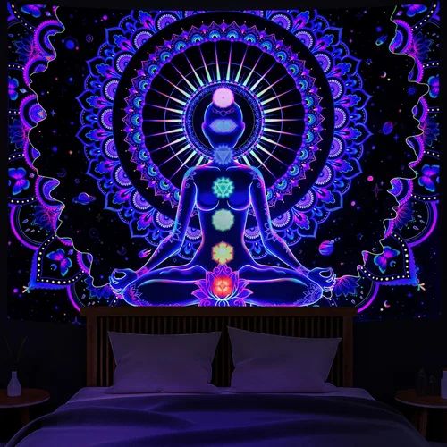Heopapin Blacklight - Tapiz de siete chakras, reactivo a los rayos UV, para yoga, meditación, mandala, tapiz de pared Trippy Galaxy Space Tapices