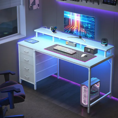 DUMOS - Escritorio para computadora de 40 pulgadas con 4 cajones, escritorio para juegos con tomas de corriente y luces LED, estación de trabajo de