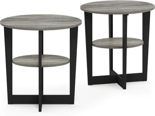 Miniatura 6 de Furinno JAYA - Juego de 2 mesas auxiliares redondas de 2 niveles con mesa ovalada, mesita de noche, mesita de noche con estante abierto, para sala