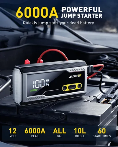 Miniatura 2 de AUXITO Arrancador de 6000A, arrancador de batería de coche de 12V, hasta todos los motores de gasolina y diésel de 12L con pantalla LED, caja
