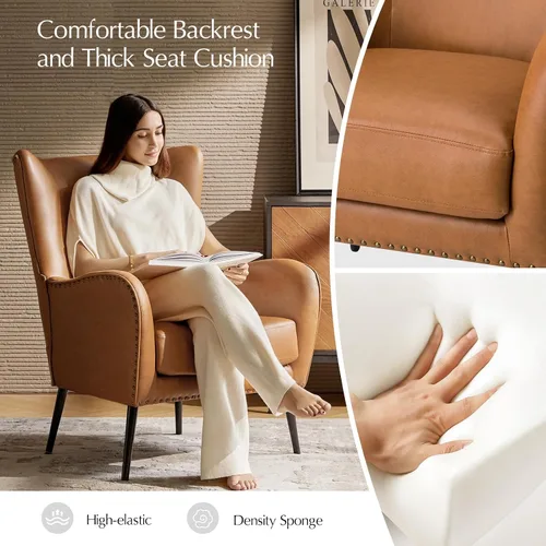 Miniatura 5 de HULALA HOME Silla decorativa de piel sintética con cojín extraíble, cómodo sillón tapizado con patas de metal negro y ribete de cabeza de clavo