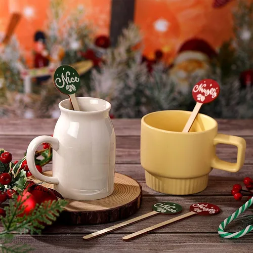 Miniatura 3 de Jinei 120 unidades de palillos de café de madera de Navidad, palillos de cóctel de madera para café, agitadores desechables para bebidas