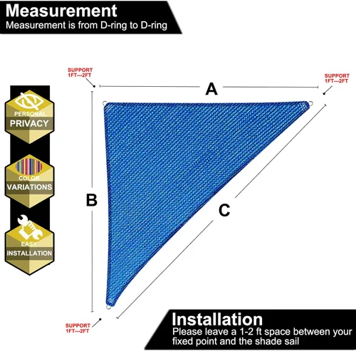 Miniatura 3 de Toldo triangular de 17 x 19 x 25.5 pies, color azul, con borde recto, toldo triangular para exteriores, cubierta para pérgola con bloqueo UV