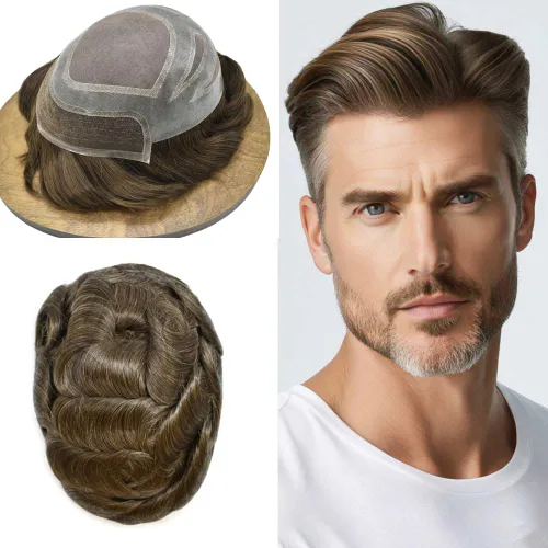 Miniatura 19 de Toupee For Men Human Hair Men's Toupee Hair Replacement System For Men Fine Mono Hair Piece For Men Poly Mens Hair System 8X10 Medium light density