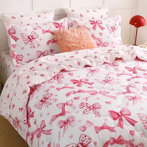Miniatura 10 de Juego de ropa de cama con lazo para niñas, tamaño matrimonial, 7 piezas, color azul, Kawaii con lazo, cama en una bolsa para niños y adolescentes
