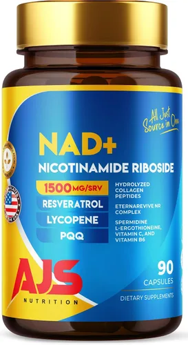AJS NAD+ Cellular Energy - Suplemento NR con PQQ, resveratrol, licopeno, espermidina, L-ergotioneína y péptidos de colágeno, 90 cápsulas para apoyo