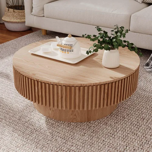 Miniatura 17 de Mesa de centro redonda con almacenamiento, moderna mesa de centro de madera con chapeado de madera maciza, mesa central circular mesa de té de 31.5