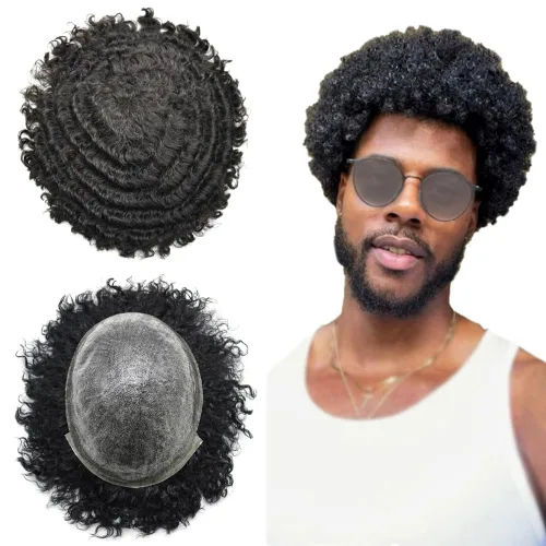 Miniatura 17 de Afro Curl Toupee para hombres unidades de cabello humano real para hombres negros inyectados PU tupé afroamericano para hombre postizo de pelo