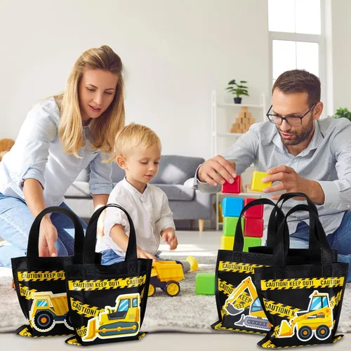 Miniatura 7 de Photect 24 piezas de bolsas de regalo con temática de construcción, camión volquete no tejido con asas, excavadora, tractor, caramelo, paquete