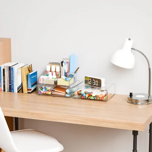 Miniatura 7 de Yieach Organizadores de maquillaje de 3 niveles en acrílico transparente con 2 cajones, soporte de maquillaje tiered de escritorio y organizadores
