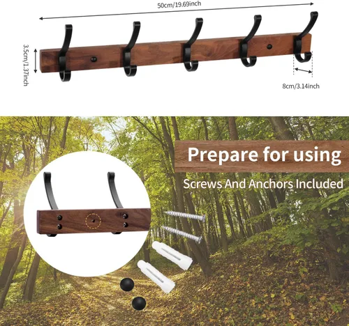 Miniatura 4 de Perchero de pared montado, estante de gancho de madera de nogal resistente con 5 ganchos dobles de metal para colgar abrigos, colgador de abrigos