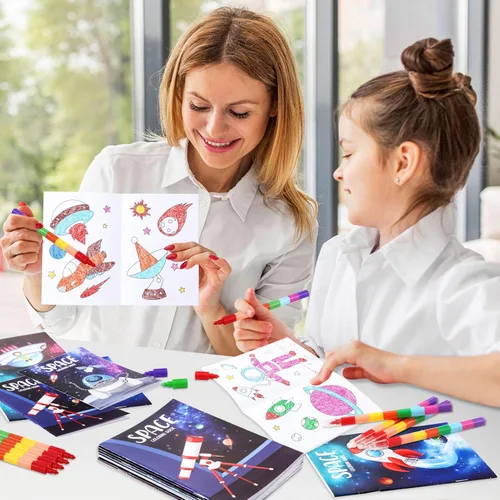 Miniatura 4 de BenLouis 24 mini libros para colorear del espacio exterior para niños con 24 crayones apilables, regalos de fiesta de astronautas, libros