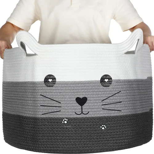 Miniatura 10 de Zopeal Cesta de almacenamiento tejida para gatos, organizador tejido con orejas, juguete decorativo de Navidad para mascotas, bonita canasta