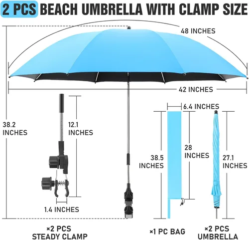 Miniatura 4 de Paquete de 2 paraguas de playa con abrazadera, paraguas ajustable de 360° para silla, paraguas UPF50+ para silla de playa, silla de patio, silla