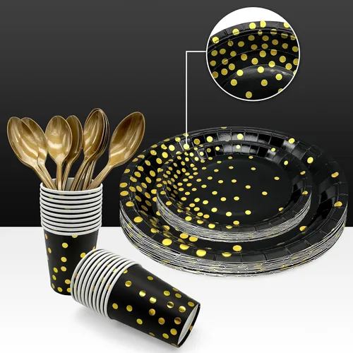Miniatura 4 de Suministros desechables para fiestas, juego de vajilla de 60 piezas negro y dorado que incluye platos de 7/9 pulgadas, servilletas, mantel, vasos