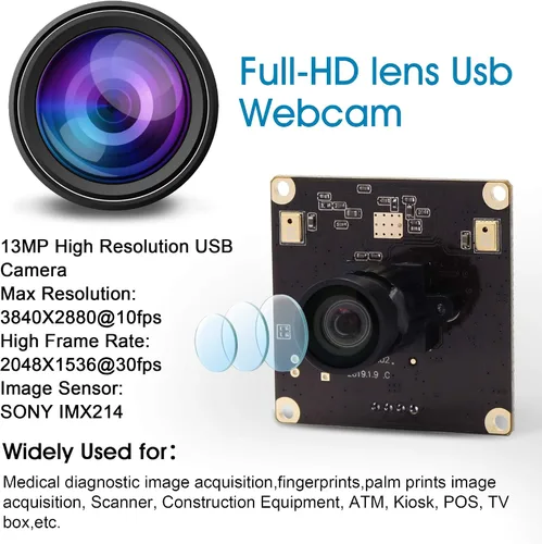 Miniatura 2 de Módulo de cámara USB de gran angular de 13 MP con micrófono para computadora 100 grados sin distorsión lente cámara web mini UVC USB2.0 PC cámara