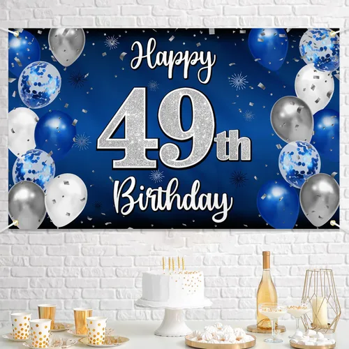 Miniatura 115 de Decoración de feliz cumpleaños 35, globo azul y plateado de 35 años, cartel grande de telón de fondo de cumpleaños, suministros para fiesta de 35th