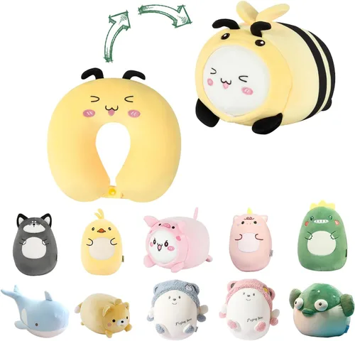 Miniatura 15 de Almohada de viaje para niños, almohada de cuello deformable 2 en 1 para niños, almohada suave en forma de U con adorable diseño de animales, cómodo