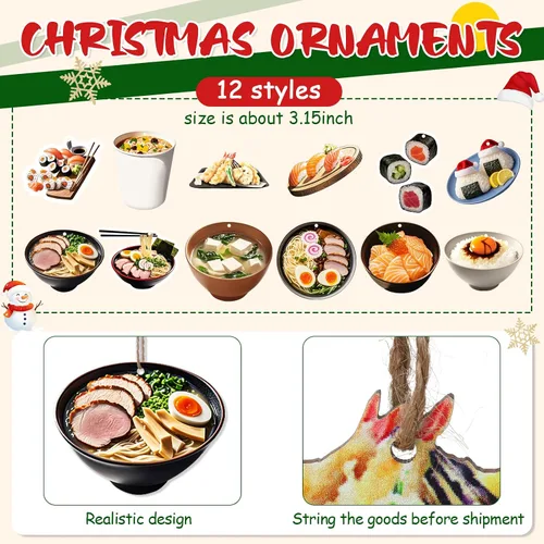 Miniatura 5 de Paquete de 36 adornos de Navidad para taza de comida de ramen de madera, regalo de ramen, rollo de sushi, decoración tradicional japonesa
