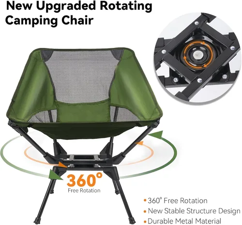 Miniatura 4 de Silla de camping giratoria de 360° mejorada para adultos, silla plegable portátil con soporte para tazas, mochila compacta ligera para exteriores