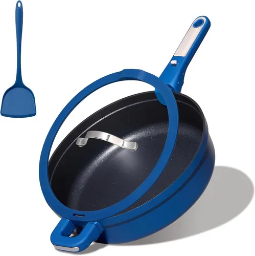 CAROTE Juego de 4 piezas de sartén antiadherente con tapa, sartén grande de 12 pulgadas antiadherente y de fondo profundo, sartén de saltear de