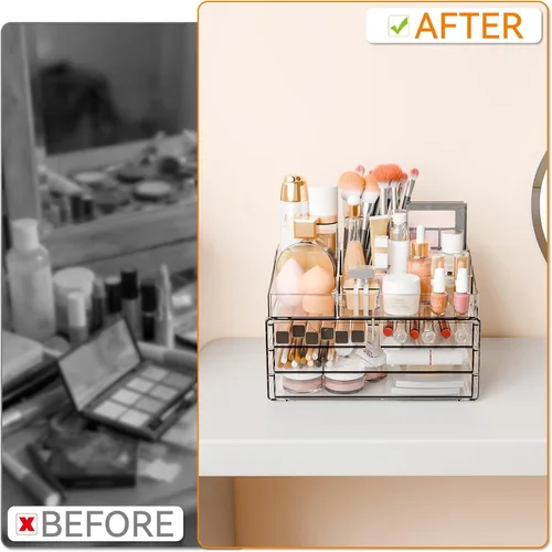 Miniatura 7 de Yieach Organizadores de maquillaje acrílico para mostrador, escritorio y tocador, paquete de 2 organizadores apilables para encimera de baño