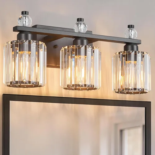 Miniatura 19 de Luces de Tocador de Baño de 3 Luces, Placado Negro, Modernas Luces de Tocador de Cristal para Baño, Luces de Tocador de Cristal para Usar Sobre