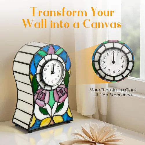 Miniatura 5 de Lámpara estilo Tiffany con estampado de rosas Pequeña lámpara de vitral, lámpara de reloj creativo, decoración para sala de estar, salón, comedor