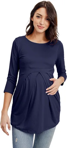 Miniatura 23 de LaClef - Blusa de maternidad para mujer, cuello redondo, manga 3/4, plisada al frente, estilo peplum