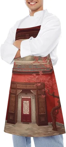 Miniatura 4 de MUSM Apron for Adults - 27.6 X 31.5 Inch, Heavy-Duty Polyester Aprons with Two Large Pockets, Waterproof Red Oriental Painting Kitchen Apron for