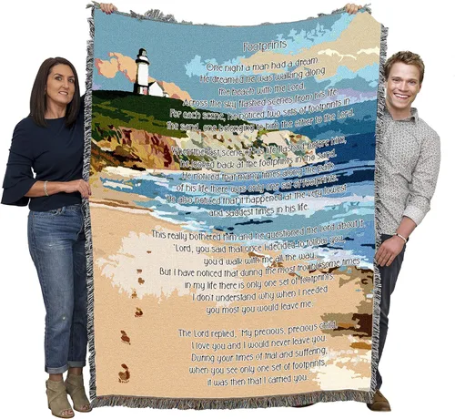 Pure Country Weavers 1 manta con diseño de huellas de Jesús en la arena, 1 manta de tapiz de regalo religioso, tejida de algodón, fabricada en los
