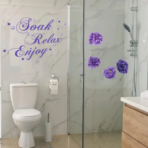 Miniatura 4 de Xuniea Calcomanías de pared de baño moradas Soak Relax Enjoy Spa, calcomanías impermeables para decoración de pared para dormitorio, baño, cocina