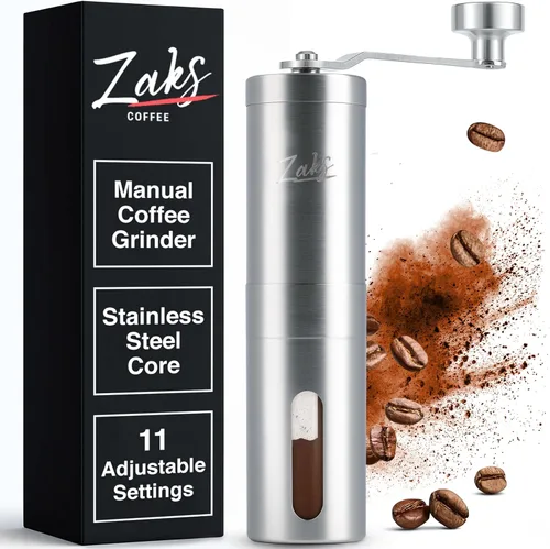 ZaksCoffee - Molinillo de café manual con núcleo de acero inoxidable, molinillo de café de mano con 11 ajustes ajustables, mango y perilla