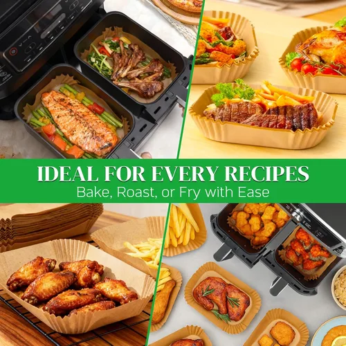 Miniatura 12 de BYKITCHEN 300 piezas de revestimientos para freidora de aire para Ninja Dual Airfryer, papel pergamino desechable rectangular para freidora de aire