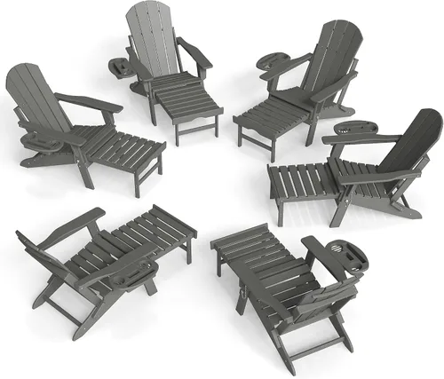Miniatura 10 de FOOWIN Silla Adirondack plegable ajustable con otomana retráctil, silla Adirondack de polietileno de alta densidad con bandejas 4 en 1, resistente a