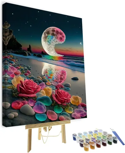 Kit de pintura por números de playa con rocas para adultos, Moonbend DIY Kit de pintura al óleo, lienzo nocturno, pigmento acrílico, pintura de
