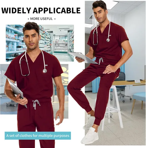 Miniatura 2 de VIAOLI Conjunto de ropa quirúrgica para hombre con cuello en V y pantalón deportivo, 8 bolsillos con botones de carga, conjuntos de liquidación