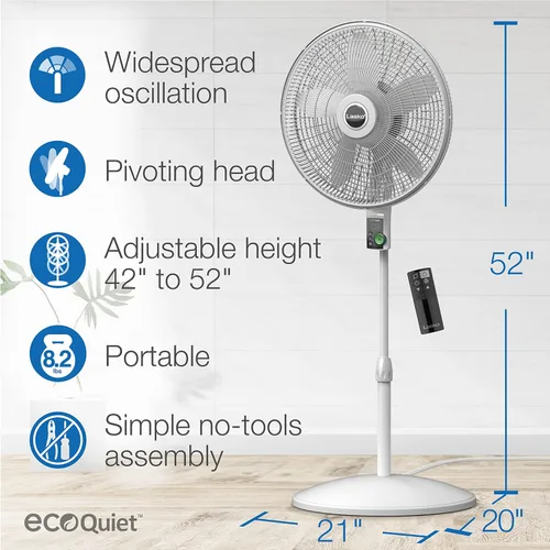 Miniatura 6 de Lasko EcoQuiet - Ventilador de pedestal oscilante con motor silencioso de corriente continua, 12 velocidades, temporizador de 8 horas, altura