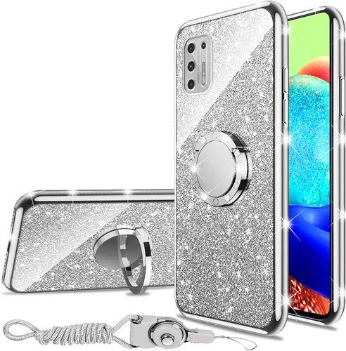 Miniatura 28 de nancheng Funda de teléfono con purpurina para Motorola Moto One 5G Ace (One 5G UW Ace) funda de TPU suave con anillo giratorio de 360°, funda