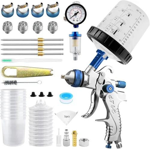 RRJ HVLP - Kit de pistola de pulverización, taza de mezcla de 22.0 fl oz y 10 vasos y tapas desechables, pistola de pintura automotriz con boquillas