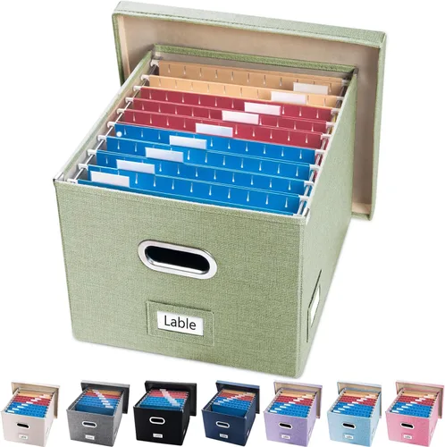 Miniatura 23 de PRANDOM Caja Organizadora de Archivos - Juego de 2 Cajas Plegables Decorativas de Lino para Almacenamiento de Archivos Colgantes con Tapas para Gris