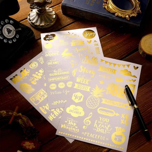 Miniatura 6 de Chinco 10 hojas de pegatinas para álbum de recortes 400+ piezas de pegatinas de oro de amor de transferencia en lámina, suministros para álbum