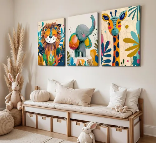 Miniatura 5 de 3 piezas de lienzo de animales de safari para guardería, arte de pared, lindo elefante acuarela, jirafa, león, decoración de pared, coloridos Póster