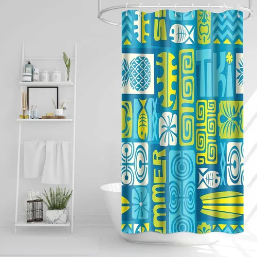 Hawaii - Cortina de ducha exótica Tiki, 36 x 72 pulgadas, cortinas de ducha retro hawaianas étnicas de pez, piña, estilo tribal Tiki Juego de