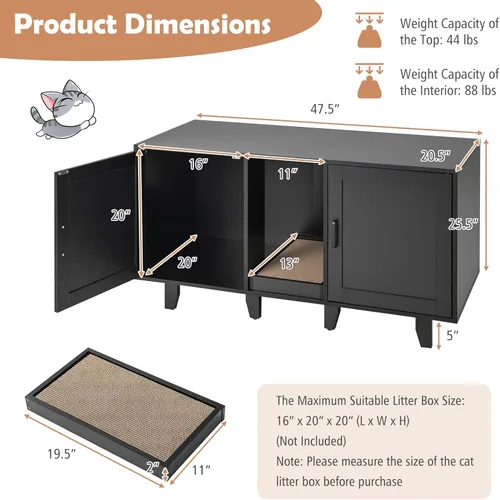 Miniatura 3 de PETSITE Caja de arena para 2 cajas de arena, mesa auxiliar oculta para baño de gatos con 2 gabinetes, tabla de rascar, muebles de arena para gatos