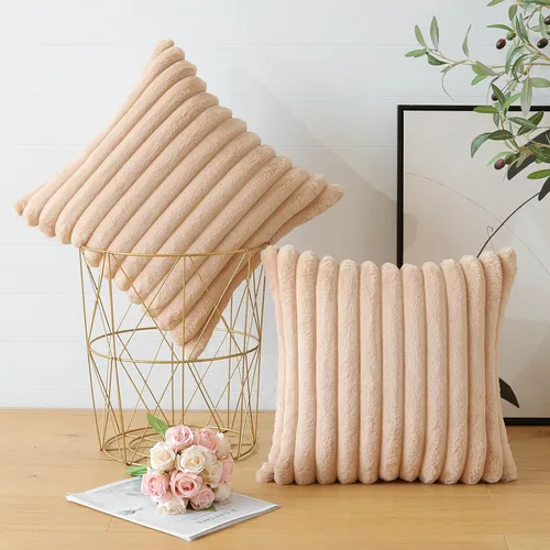 Miniatura 3 de Soleebee Juego de 2 fundas de cojines decorativos de terciopelo suave y acogedor, funda de piel sintética de conejo para sofá, cama, silla, Camel