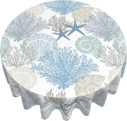 Miniatura 2 de Mantel náutico costero redondo de 60 pulgadas para verano, playa, estrella de mar, coral, conchas marinas, mantel decorativo con tela impermeable